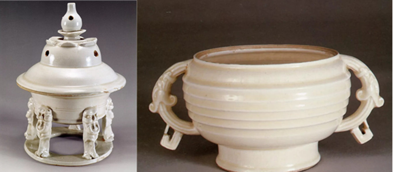 收藏于定州博物館的宋代定窯五獸足熏爐（左），中國臺北故宮博物院收藏的定窯簋式爐（右）