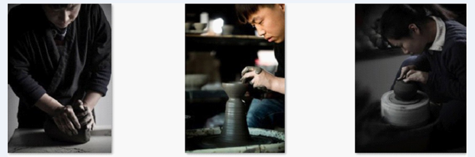 大宋定窯的匠人們展示揉泥、拉坯、修坯這三道工序
